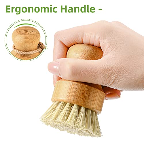 Bamboo Dish Scrub Brushes,Kitchen Wooden Cleaning Scrubbers Set for Washing Cast Iron Pan/Pot, Natural Sisal Bristles, Set of 3