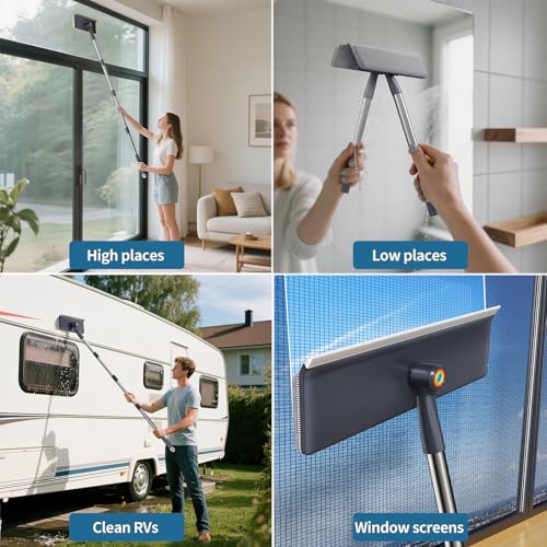 3 in 1 Window Squeegee for Home, Window Cleaning Kit with 60" Extension Pole, Professional Window Cleaner Tool for Outdoor Windows, Glass, Mirrors, Screens with 3 Microfiber Cloths & Screen Brush