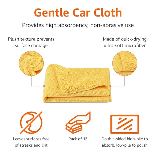 Amazon Basics Microfiber Car Drying Towels, Highly Absorbent, Lint Free, Scratch Free, Ultra-Soft, Car Detailing, Buffing and Polishing, 16" x 16", Yellow, 12-Pack