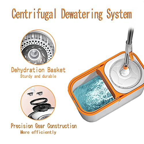 Spin Mop Bucket with Wringer System Extended Mop Handle 61＂Mop and Bucket for Floors Cleaning with 5 Replacement Head Refill 1 Cleaning Brush Head