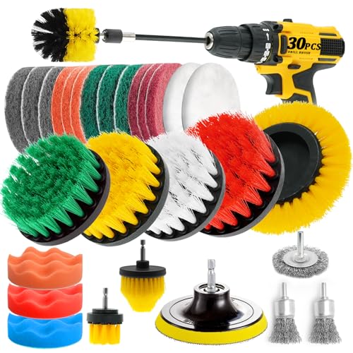 ETOUPA 30 Piece Drill Brush Attachments Set, Scrub Pads & Sponge & Wire Brush for Drill, Power Scrubber Brush with Extend Long Attachment, Drill Scrubber Brush Kit for Bathroom, Floor, Car, Grout