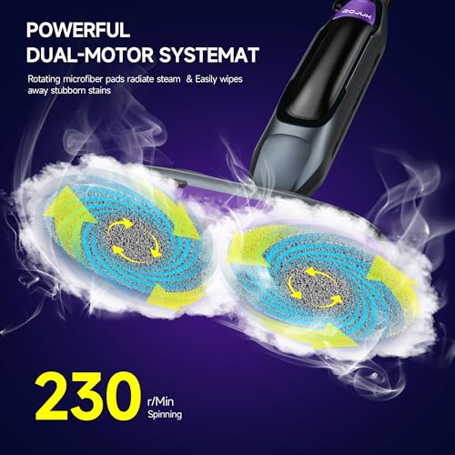 BOJUK Scrub & Steam Mop with Rotating Mop Pads, LED Headlights, 6 Scrub Pads, Large Tank, Swivel Steering, Effortless Scrubbing Hard Floor Cleaner Upgraded