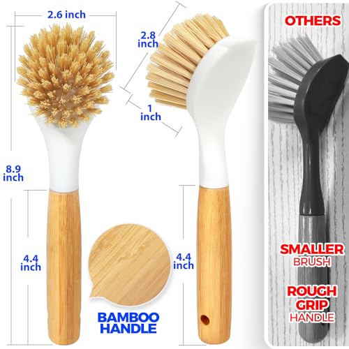 Holikme 3 Pack Dish Brush Set with Bamboo Handle, Kitchen Brushes for Cleaning Pot, Sink and Stove, Skillet Scrubber with Tough Bristles for Cast Iron Grill Pan, White Yellow Black