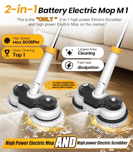 qimedo 800RPM Cordless Electric Mop, 6000mAh Battery Electric Power Scrubber & Mops for Floor Cleaning, Best Automatic Spin Mops with Smart Display,Rotating Mop with LED Light & Water Spray