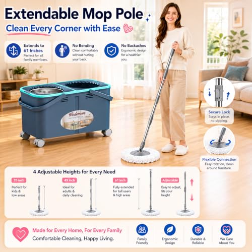 2026 Upgraded Gen 2 Spin Mop and Bucket Set with 4 Swivel Wheels for Easy Rolling, Separates Clean & Dirty Water, Floor Mop with 6 Washable Mop Heads for Wood, Tile, Vinyl, Baseboards - Grey/Blue