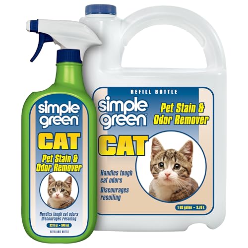 Simple Green Cat Stain & Odor Remover - Enzyme Cleaner for Cat Urine, Feces, Blood, Vomit (32 oz Sprayer & 1 gallon Refill)
