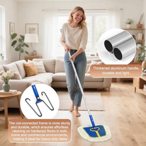 Commercial Dust Mop for Hardwood Floors Cleaning, Heavy Duty Industrial Dry Mop with 2 Wedge Cotton Mop Pads for Walls Cleaner,Tile,Vinyl,Laminate, Floor Duster Broom for Home and Business Use,Blue