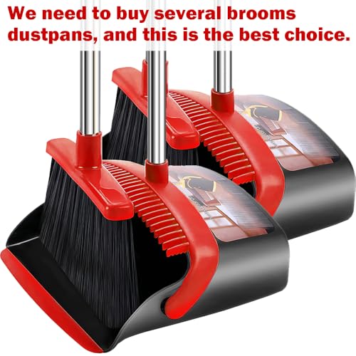 2-Pack is More economical,Brooms with Dustpan Combo Set， with 52" Long Handle, Dustpan Teeth with self-Cleaning Function, Indoor and Outdoor Sweeping, Perfect for Home Office (Large/Red /2-Pack)
