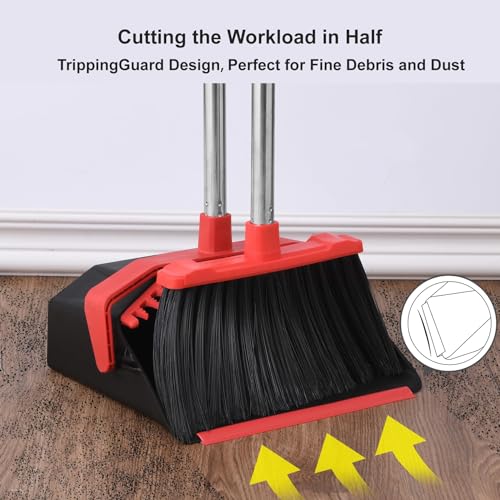 Tiumso Upgrade Broom with Dustpan Combo Set, Broom and Dustpan Set with 51'' Long Handle, Dust Pan and Brooms, ZeroGap Lip, Self-Cleaning Dustpans Teeth for Lobby Kitchen Restaurant - Black and Red