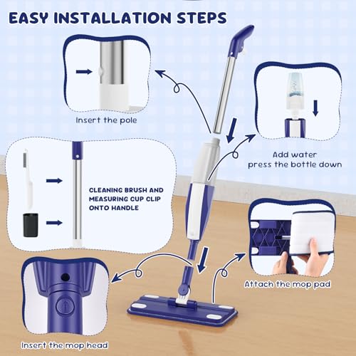 Kids Spray Mop - Chores Chart Set Montessori Cleaning Toy Set with Real Water Sprayer 2PCS Washable Pads and 10PCS Disposable Mop Pads for Ages 3-8 (Blue)