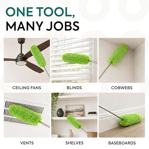 Gütewerk Extendable Microfiber Duster, 55 Inch - Feather Dusters for Cleaning Ceiling Fans, Blinds, Baseboards & High Ceilings - Washable, Electrostatic, 360° Bendable Head, Stainless Steel Pole