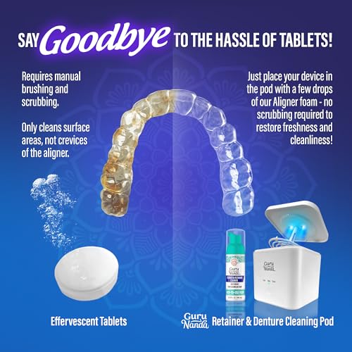 GuruNanda Retainer & Aligner Cleaning Pod for Retainers, Dentures, Mouthguards, Aligners, & Jewelry, 3 Modes, 45kHz Ultrasonic Retainer Cleaner, 190 ml Capacity