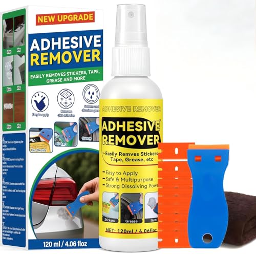 Nexkayee Adhesive Remover Spray, Multipurpose Formula with Scraper, Quickly Removes Stickers, Decals, Tape Residue, Grease and Tar, Safe for Cars, Glass, Plastic and Wood Surfaces, 120ml