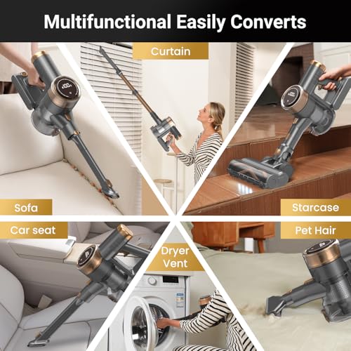 NuYupo Cordless Vacuum Cleaner, 10-in-1 Lightweight Stick Vacuum with 45mins Runtime, Powerful Suction, LED Touch Screen, Rechargeable Vacuum Cleaners for Home Hardwood Floor Carpet Pet Hair (Gold)