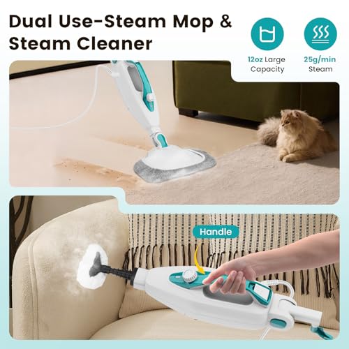 10-in-1 Steam Mop, 1550W Detachable Handheld Steam Cleaner with 350ML Tank for Floor Cleaning, 16FT Power Cable, 2 Washable Pads, Multi-Purpose Steamer for Hardwood, Carpet, Tile, Windows,Cyan