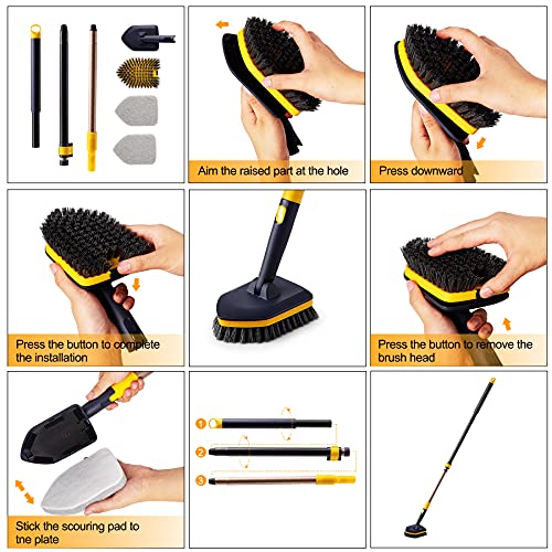 Yocada Tub Tile Scrubber Brush 2 in 1 Cleaning Brush 4*Scouring Pads 58.2 Inch Adjustable Telescopic Pole Stiff Bristles for Cleaning Bathroom Kitchen Toilet Wall Tub Tile Sink Non Scratch