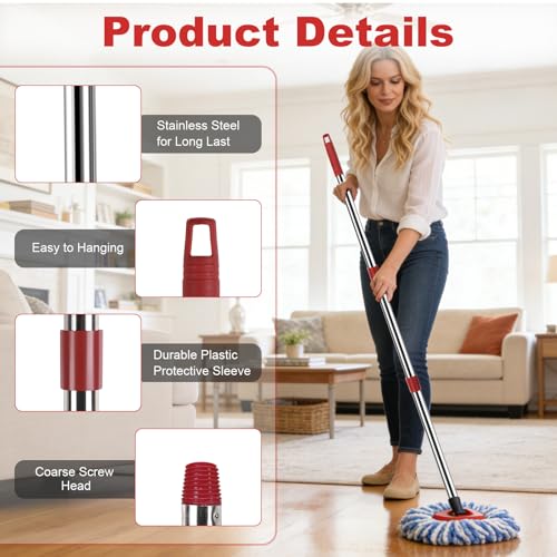 Spin Mop Replacement Head Set for O Ceda Mop RinseClean 2-Tank System, 3 Pack Mops Heads Replacements + Scrub Brush + 30-58" Handle & Base, Microfiber Mops Head Floor Mop Refill Kit