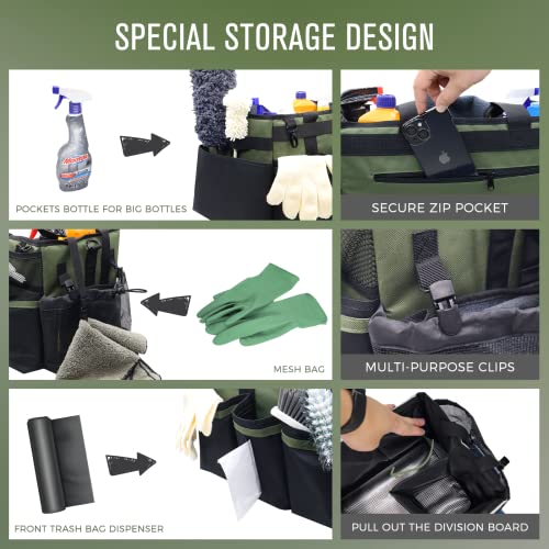 SCAVATA Wearable Cleaning Caddy Organizer with Handle & Shoulder Straps for Housekeepers, Under Sink & Car Cleaning Tool Organizer Bag with 4 Foldable Dividers (Green)