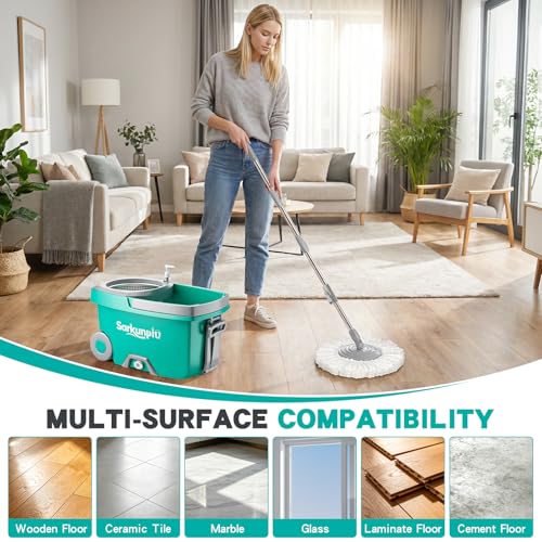 Sarkunpio Mop and Bucket Set with Wringer, Spin Mop Floor Cleaning System with 6 Replacement Microfiber Heads & 61" Extra-Long Handle for Home Floor, Blue