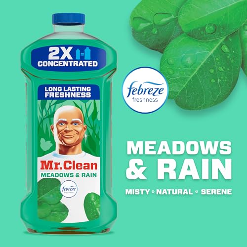 Mr. Clean All Purpose Cleaner, Floor Cleaner for Mopping Home, Bathroom, & Kitchen, Cleaning Liquid for Mop & Bucket, Cleaning Supplies, Multi-Surface Dilutable, Meadows & Rain, 41oz (Pack of 2)