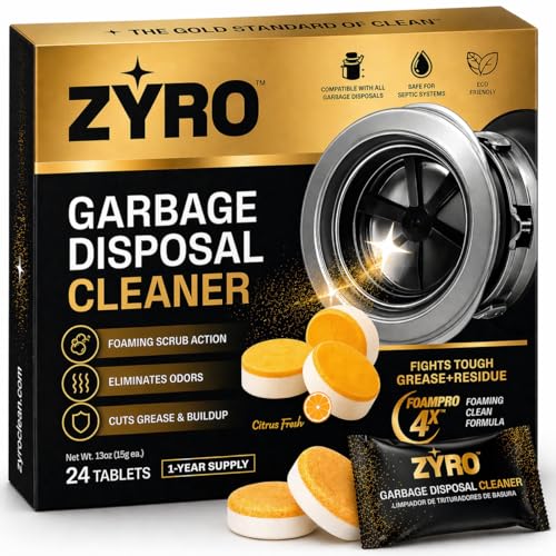 Zyro Garbage Disposal Cleaner and Deodorizer | 24 Pack | Kitchen Sink Cleaner Tablets | Eliminates Odor | Fights Grease & Buildup | Foaming Scrub Action | Citrus Fresh | 1 Year Supply