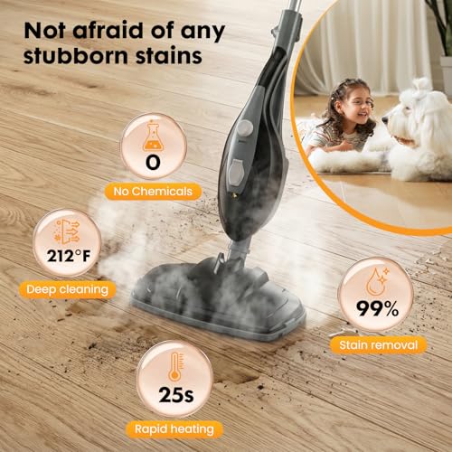 KMFurnila 14-in-1 Steam Mop, 1550W Detachable Handheld Steam Cleaner for Floor Cleaning, 16.4 FT Cord, 2 Washable Pads, Multi-Purpose Floor Steamer for Hardwood, Carpet, Tile, Grout