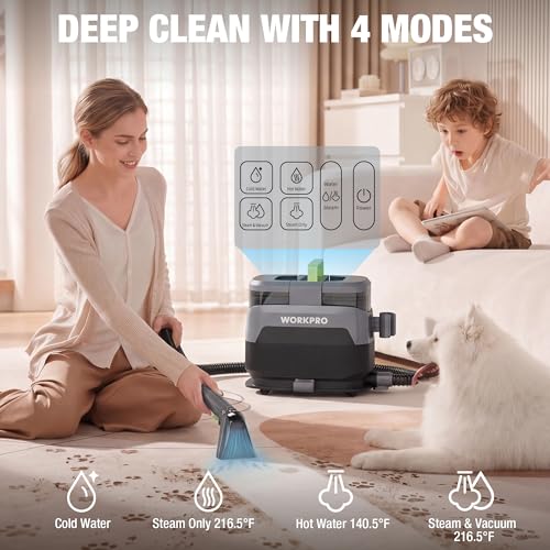 WORKPRO Portable Steam Carpet & Upholstery Cleaner Machine, 16KPa Suction with 4 Cleaning Modes, Spot Cleaner Machine with Heating System and Multi-Function Tools for Sofa, Pet Stains & Car Interior