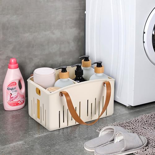 Homiton Portable Shower Caddy Collapsible Plastic Shower Basket Tote with Handles Removable Divider, Cleaning Caddy Storage Organizer for Bathroom College Dorm (White)