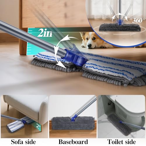 Two Sided Dust Mop Floor Cleaning System, MASTERTOP 360 Microfiber Mop with Stainless Steel Handle,Wet Dry Mop,Flat Flip Mops for Hardwood, Laminate, Vinyl, Tiles,4 Washable Mops Pads