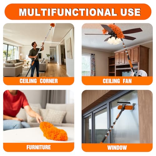 SISUPASSIE 30FT Reach High Ceiling Duster Kit, Window Cleaning kit with 5-24FT Extension Pole, Fan Duster for Ceiling Fan Blades, Microfiber Feather Duster, Rotatable Window Squeegee and Cobweb Duster