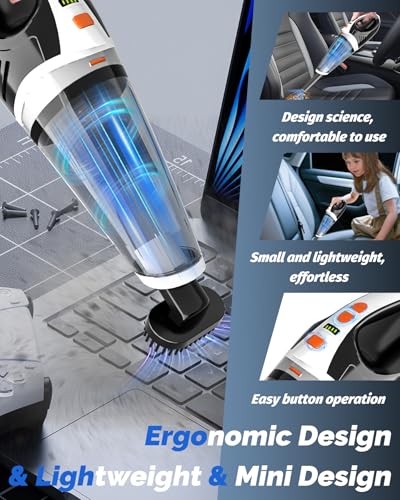 BRL Handheld Vacuum Cordless, Car Vacuum Cleaner with Powerful Suction, 2 Modes Mini Hand Vacuum, Dry & Wet, LED Light, Portable Vacuum for Car Pet Hair, Home, Office, Keyboards Black Orange