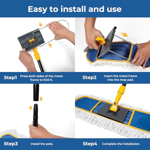 24" Dust Mop for Floor Cleaning, Large Areas Dry & Wet Mop with 2 Washable Cotton Pads, Efficiently Picks Up Pet Hair & Dust for Hardwood, Tile, Laminate, Patio