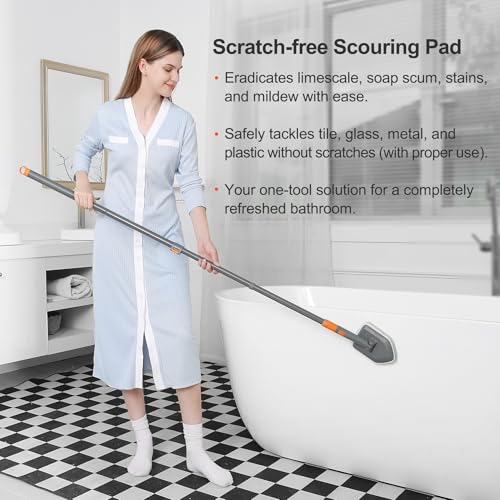 CLEANHOME Tile Tub Scrubber Brush with 3 Different Function Cleaning Heads and 56" Extendable Long Handle-No Scratch Shower Scrubber for Cleaning Bathroom Kitchen Toilet Wall,Bathtub,Sink,Grey