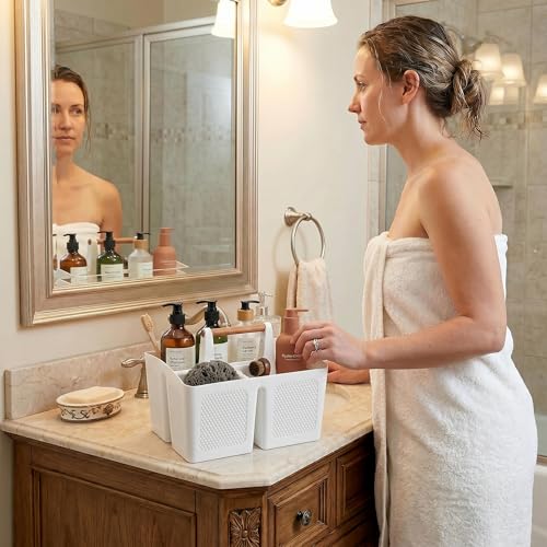 Haundry Plastic White Shower Caddy Basket with 3 Compartments, Portable Divided Bathroom Cleaning Caddy Organizer Storage Tote with Handle for Dorm, College, Room Essentials
