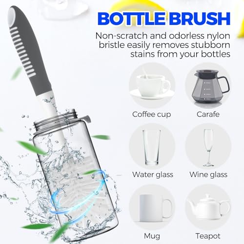 Holikme 6 Pack Dish Brush Set with Bottle Brush, Dish Scrub Brush, Pan Brush and 3 Straw Brushes, Deep Cleaning Handle Brush with Scraper Tip for Kitchen Sink Dishes Bottle Cup Pot and Pans (Gray)