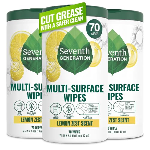 Seventh Generation Multi Surface Wipes, Pack of 3, for all purpose cleaning, lemon zest scent with 100% essential oils and botanical ingredients, 70 ct each