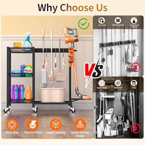 Broom Holder with Cleaning Supplies Organizer Load 350 LBS Cleaning Cart with Wheels Broom Closet Storage with 3-Tier Shelves, 6 Mop Hanger Grippers, 3 Double-Hooks, Vacuum Stand for Laundry Garage