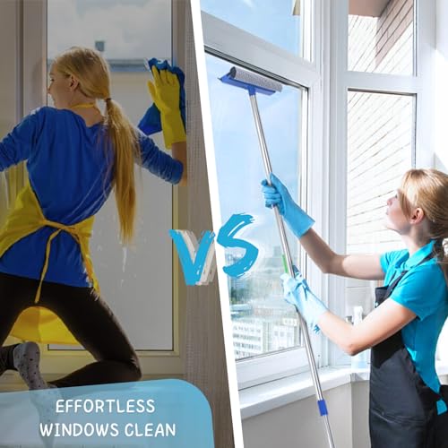 Window Squeegee for Home, 56'' Long Handle Shower Door Cleaner Tool, 2-in-1 Glass Scrubber for Car Windshield Cleaning