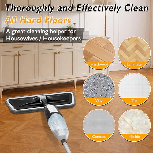 TRAV-ROUND Spray Mop for Floor Cleaning: Microfiber Wet Dry Mop for Hardwood Laminate Tile Wood Vinyl, 360° Swivel Head Lightweight Flat Floor Mops with 3 Washable Reusable Pads & Refillable Bottle