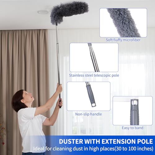 FrutPunch Duster with Extension Pole,Ceiling Fan Cleaner Duster Set of 6, Telescopic Cobweb Feather Duster 100 Inch,Ceiling Fan Duster, House Cleaning Tool Set