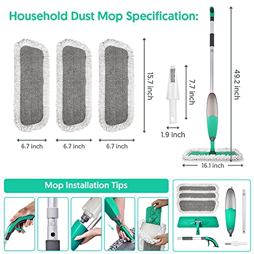 Spray Mop for Floor Cleaning, TINA&TONY Microfiber Hardwood Dry Wet Kitchen Mop with 3 Washable Pads & 635ML Refillable Bottle, Dust Mop with Sprayer for Laminate Tile Vinyl Floors, Green
