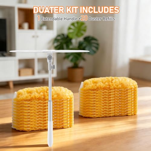 SetSail 6 ft Extendable Duster Handle with 20 Refills, Compatible with Swiffer Dusters for Cleaning Disposable Duster Refill Multi Surface 360° Duster Cleaner Kit for Ceiling Fan, Blind, Furniture