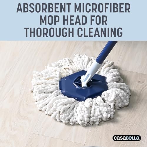 Casabella Clean Water Microfiber Spin Mop with 2-Bucket System, Antibacterial Spin Mop and Mopping Bucket Set, Blue/White