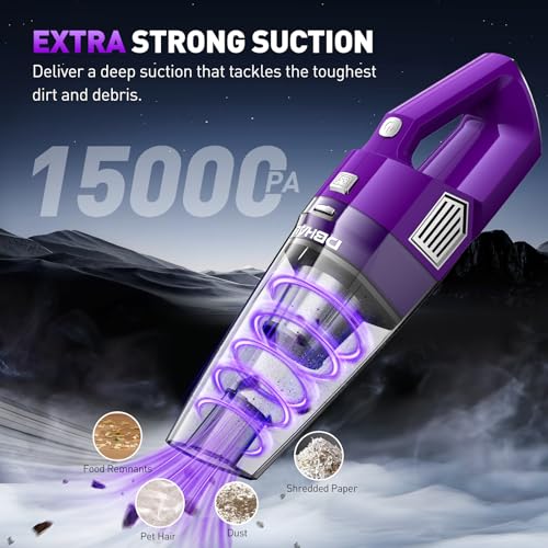 DBHAL Handheld Vacuum Cordless, 15000PA Powerful Suction Car Vacuum Cleaner Lightweight with Multi Accessories, Hand held Vacuum Cleaner Cordless Rechargeable for Car Home