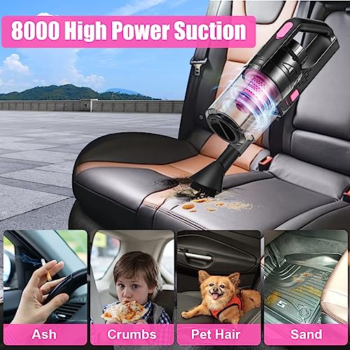 Viewsun Car Vacuum Cordless Rechargeable, 8000PA High Power Handheld Vacuum Cleaner with 17PCS Car Cleaning Kit, Pink Auto Accessories for Women Gift