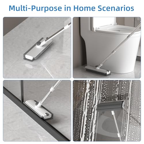 Scrub Brush with Long Handle, Floor Scrub Brush Squeegee Broom for Cleaning, 3 in 1 Shower Scrubber Floor Broom Squeegee for Concrete Tile Wall Deck Patio White