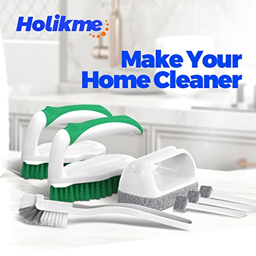 Holikme 7 Pack Deep Cleaning Brush Set, Scrub Pads with Scraper Tip for Pool Walls, Bathroom, Grout, Floor, Bike, Tub, Shower, Kitchen Surface (Green)