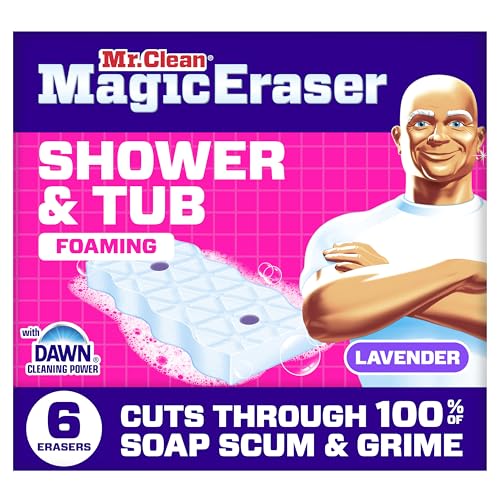 Mr. Clean Magic Eraser Sponge, Bathroom, Shower, Tub Cleaner, Soap Scum Remover, Bathroom Cleaning Supplies, Dawn Cleaning Power with Lavender Scent, Shower & Tub, 6ct