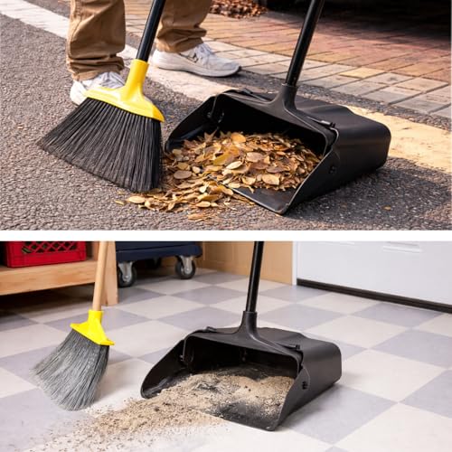 Dustpan with Long Handle, 37’’ Upright Dust Pan, Heavy Duty Standing up Dustpans for Indoor, Outdoor, Home, Office, Commercial, Industrial, Shop
