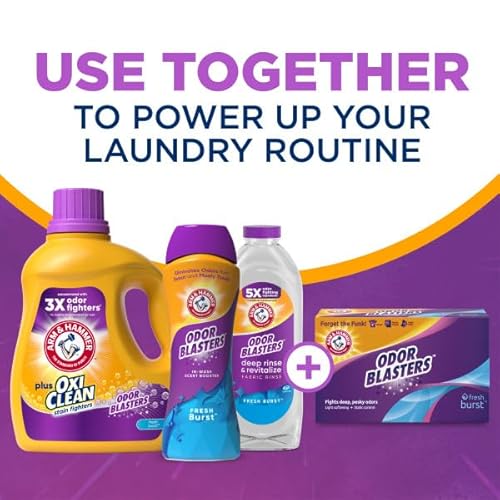 ARM & HAMMER Plus OxiClean with Odor Blasters Liquid Laundry Detergent, Laundry Odor Remover, Attacks Stains, Fresh Burst Scent, 74 Loads, 96.2 Fl Oz
